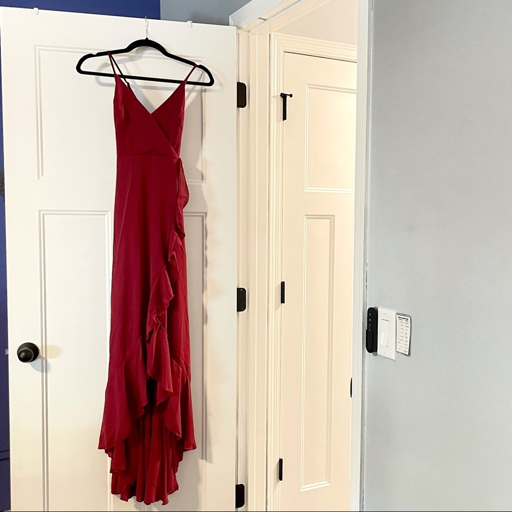 NEW red crisscross lace up ruffle trim dress